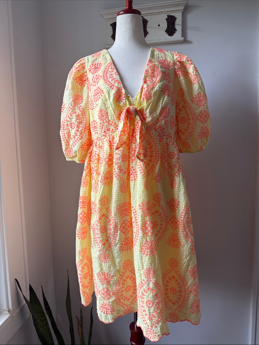 Lilly Pulitzer Yellow Dress with Coral Print Tie-Front Puff Sleeves